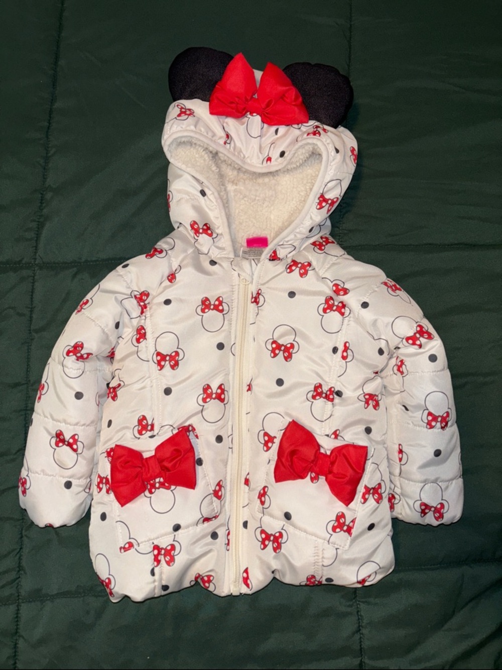 Disney White Minnie Mouse Puffer Jacket with Red Bows